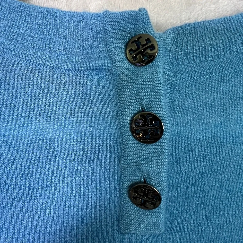 Tory Burch 100% Cashmere Sweater S Blue White Stripe Crew Quiet Luxury Preppy
